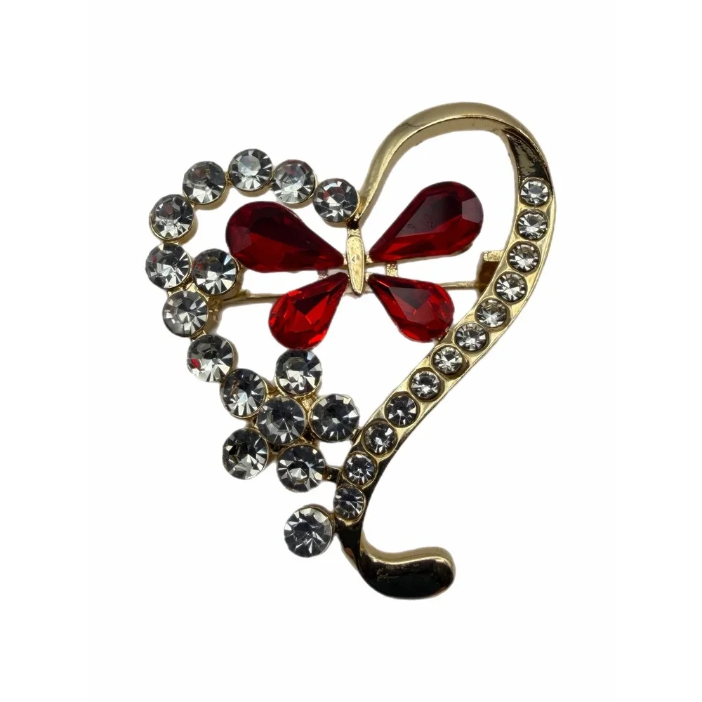 Gold Tone Red Rhinestone Butterfly Heart Brooch Clear Crystal Accent Pin